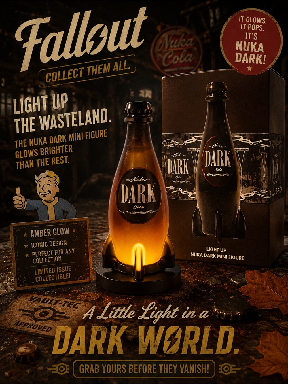Fallout Nuka Dark Amber Light-Up Mini Figure - collectible in box!